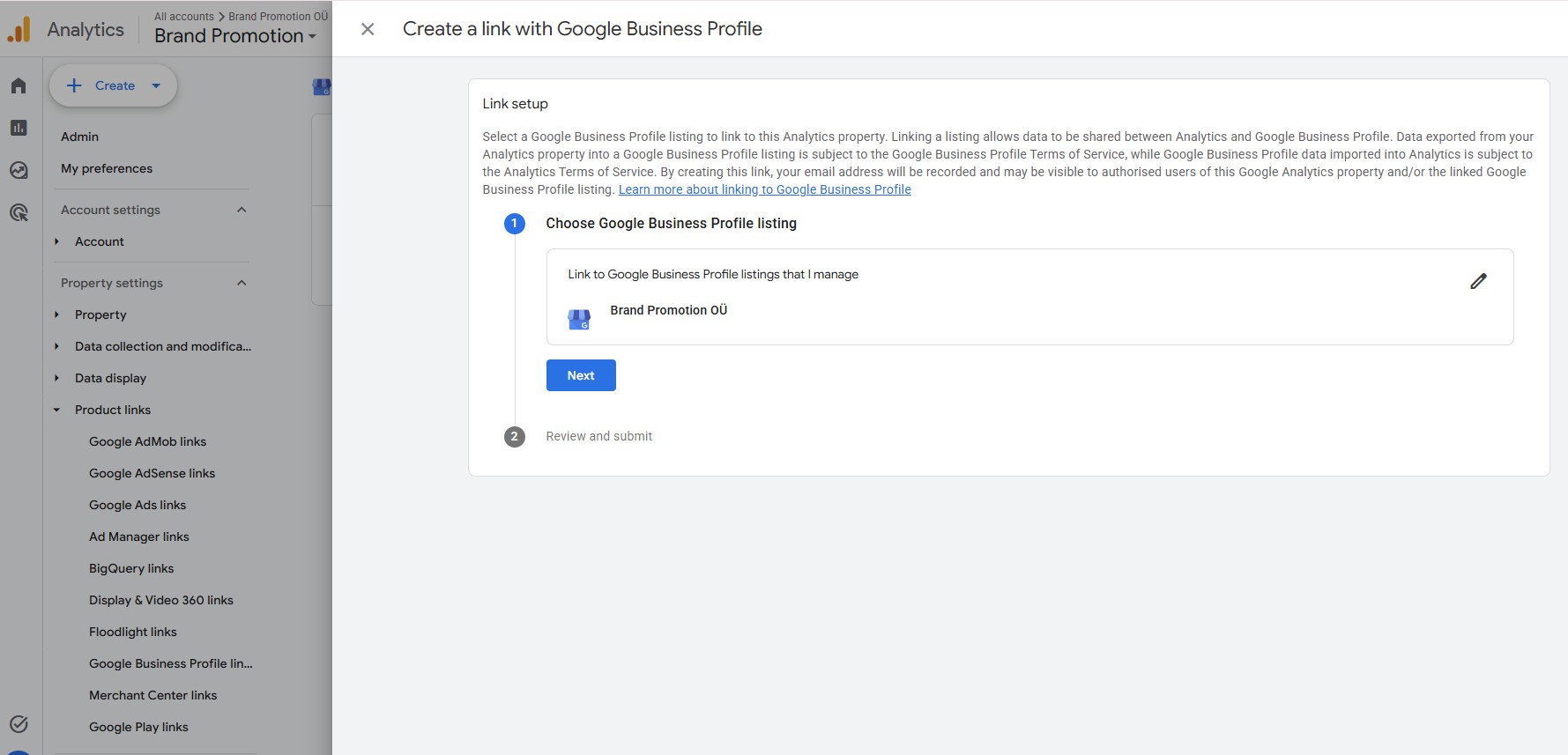 Google Business Profile link GA4 Product links menüüs
