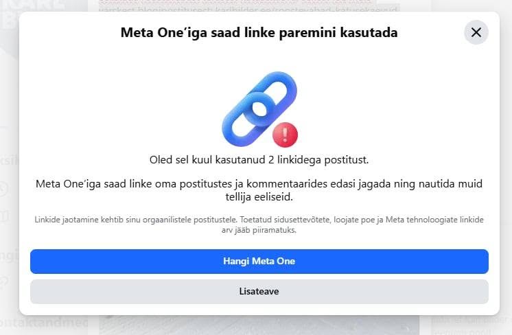 Meta One teade Facebooki lingiga postituste limiidi kohta