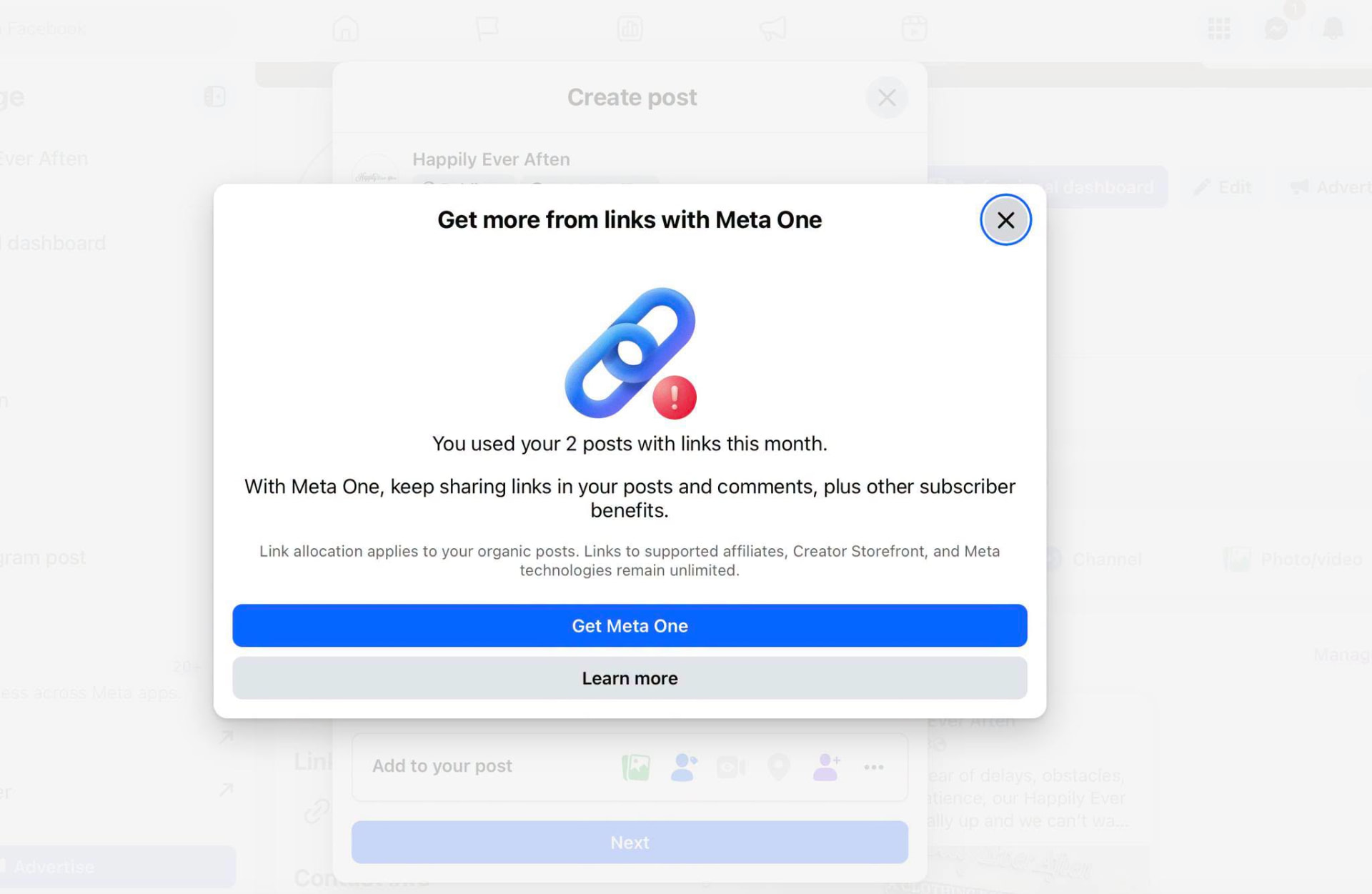 Meta One notice about the Facebook link post limit