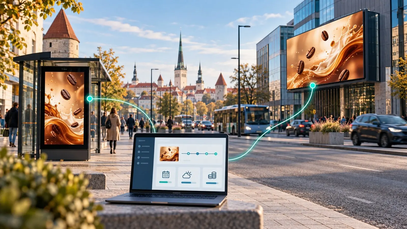 Illustration of digital outdoor advertising in Tallinn, with bus shelter and billboard ads managed from a laptop
